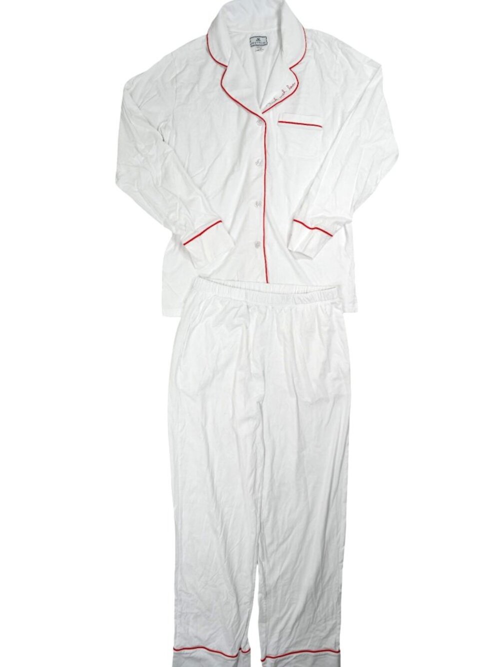 Petite Plume Pima Pajama Set in White With Red Piping